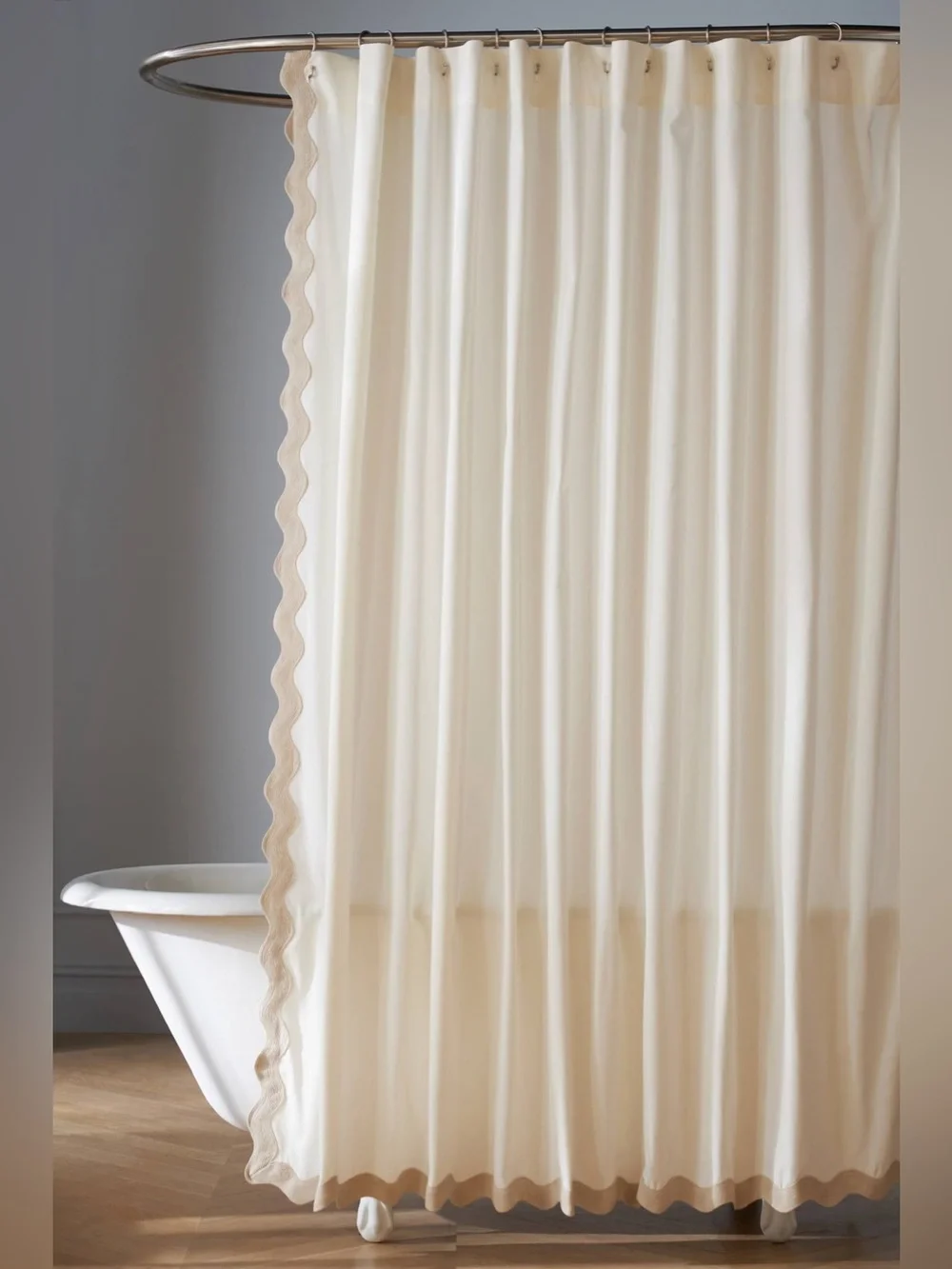 Anthropologie Embroidered Scalloped Trim Cotton Shower Curtain Taupe White